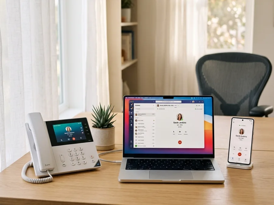 Teléfono IP moderno con softphone y smartphone conectados