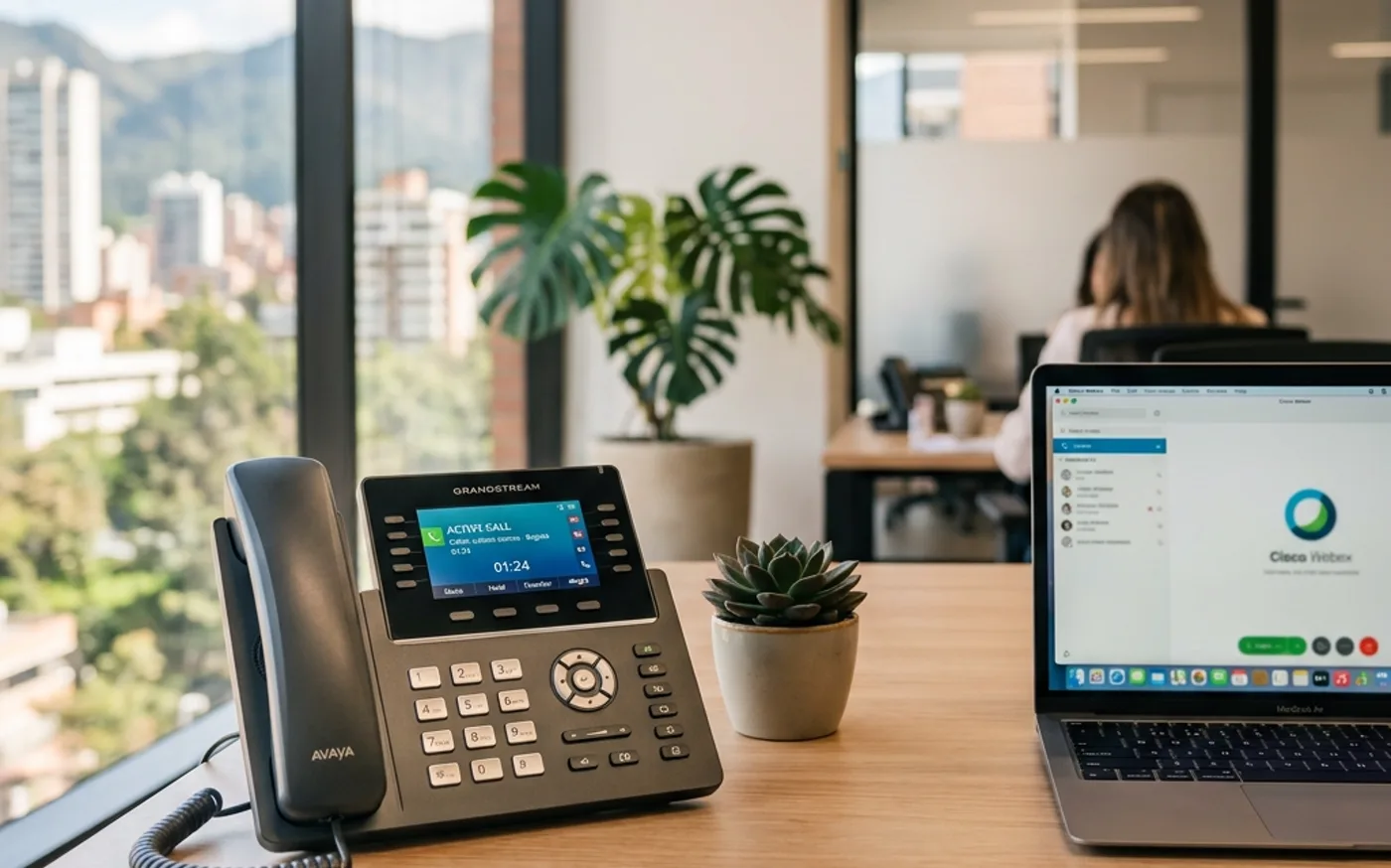Teléfono IP moderno en oficina empresarial