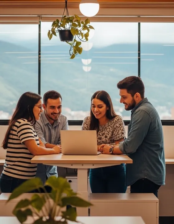 Equipo de Advance Communications en oficina moderna de Medellín