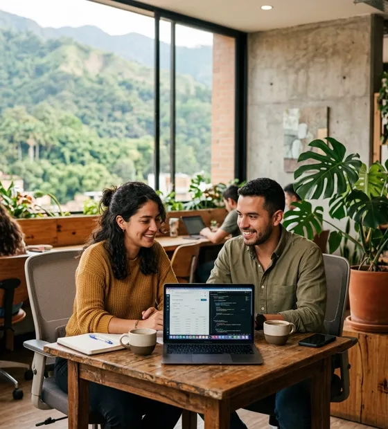Equipo Advance Communications colaborando en oficina moderna de Medellín
